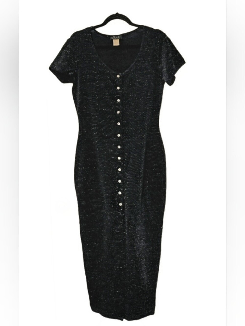 Bodycon Maxi Dress Black w/Silver Thread Med 6/8 7/9 RARE Rhinestone Buttons